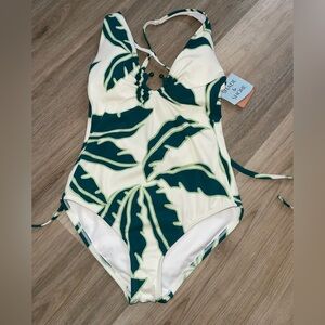 NWT Tropical Green Leaf One-Piece Swimsuit Halter Tie